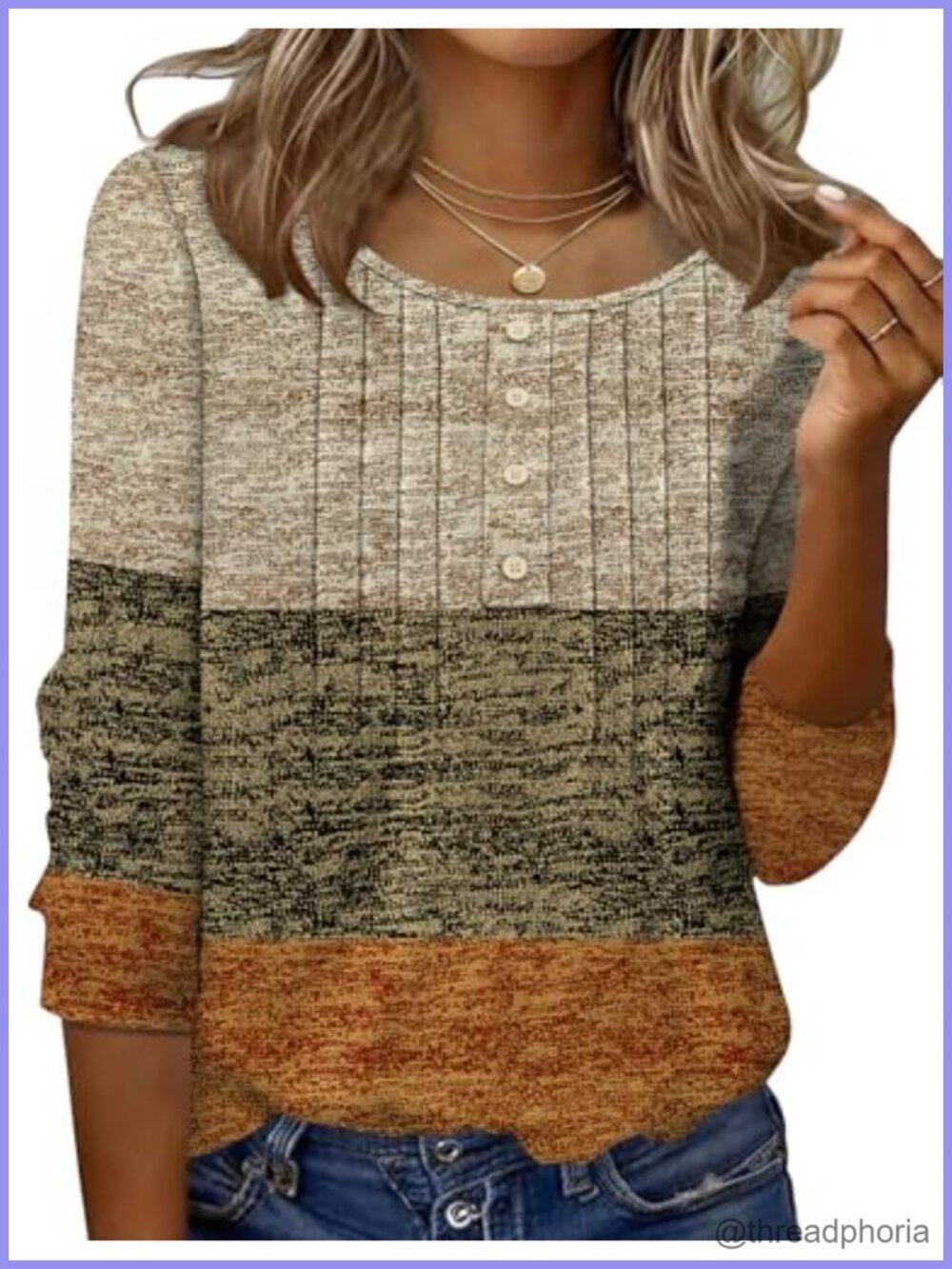 Women's 3/4 Sleeve Pleated Button Crewneck Dressy Casual Blouse